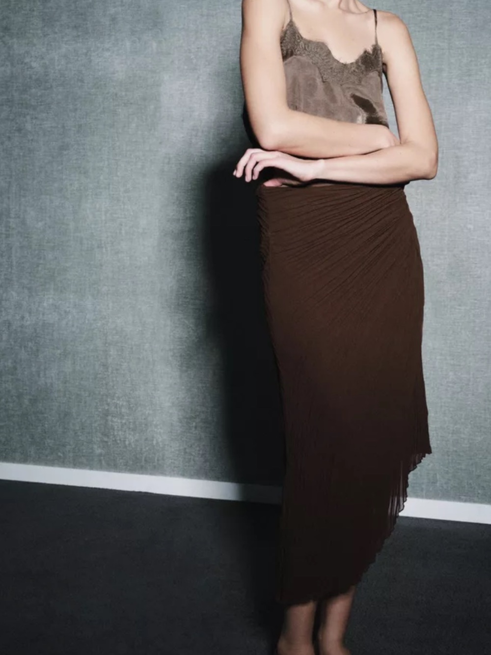 Zara NWT ZW Collection pleated midi skirt brown 1758/113